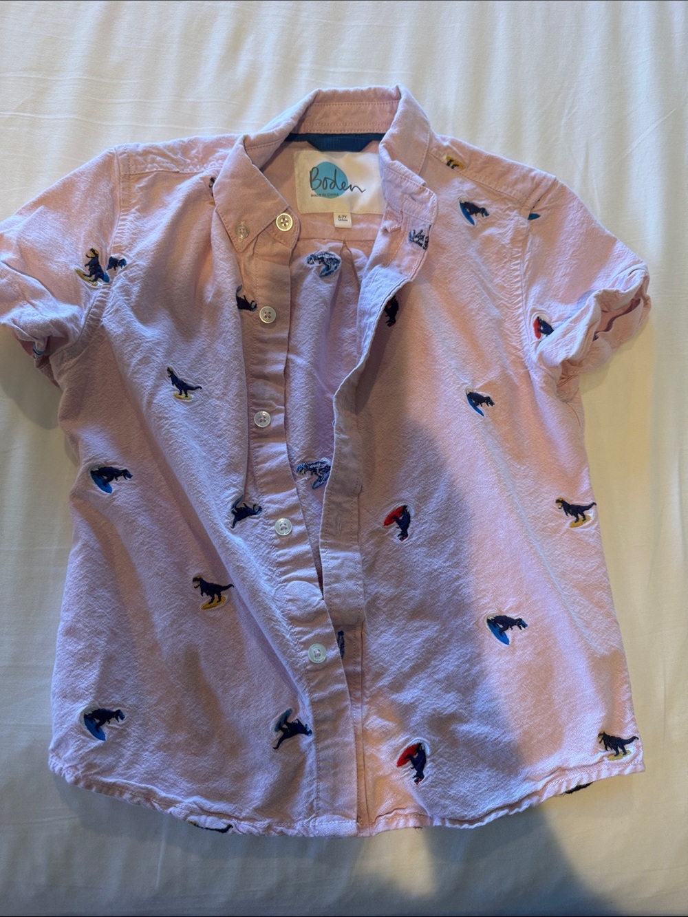 Boden Pink Short-Sleeve Button-Down Shirt with Embroidered Dogs